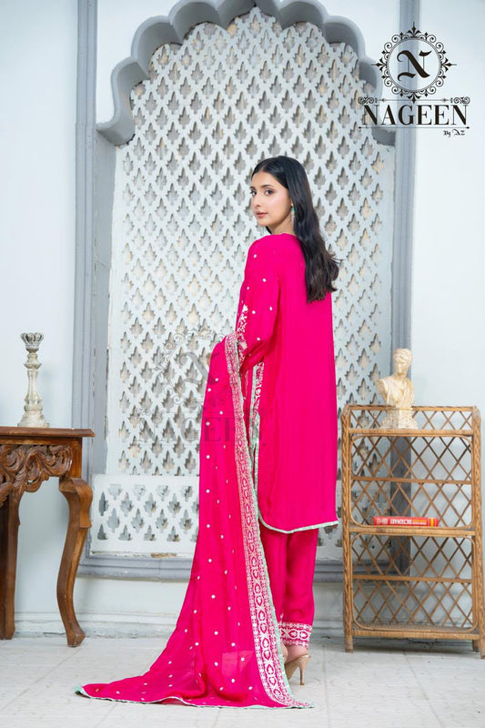 Vibrant Magenta Embroidered 3-Piece Stitched Suit with Mint Accent Borders