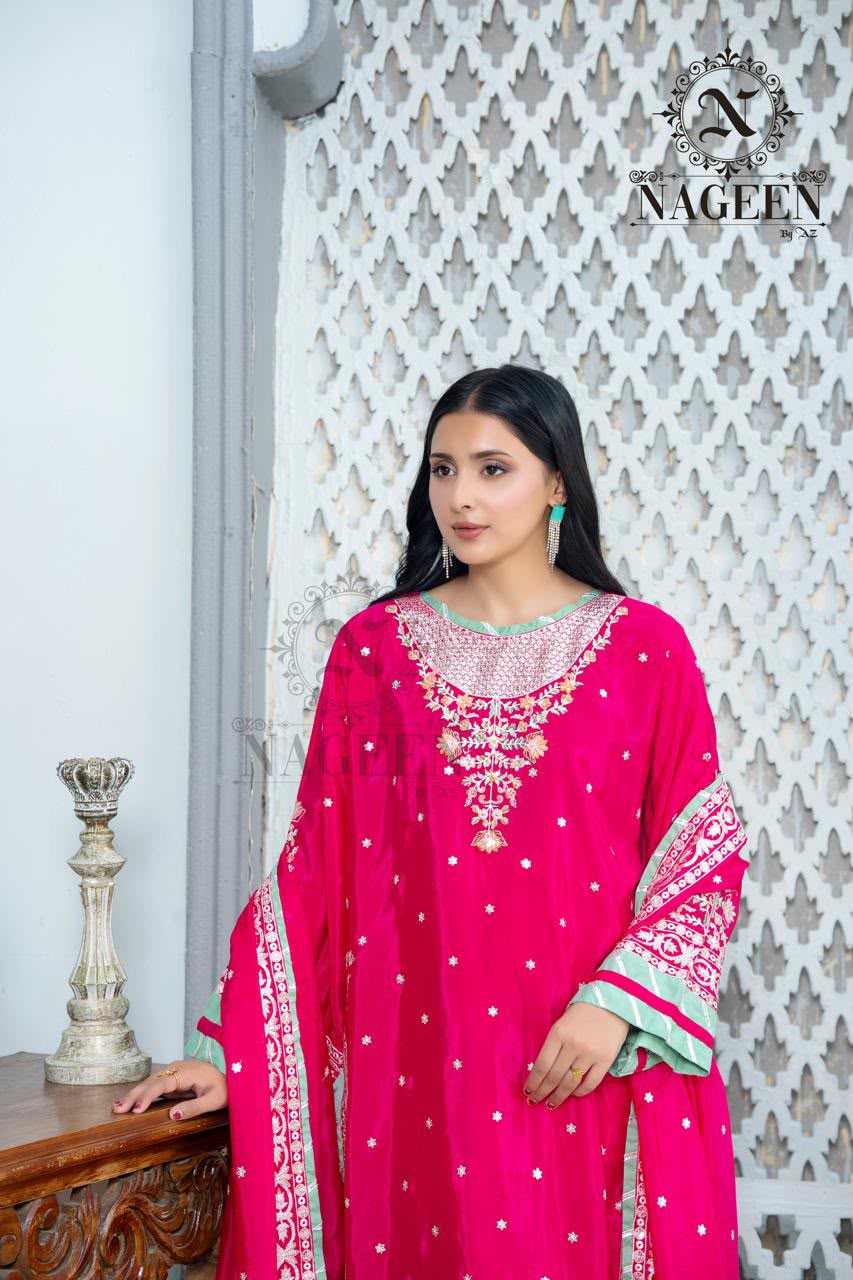 Vibrant Magenta Embroidered 3-Piece Stitched Suit with Mint Accent Borders