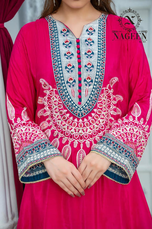 Deep Pink Fancy Silk Embroidered 3-Piece Stitched Suit with Contrast Neck Motif