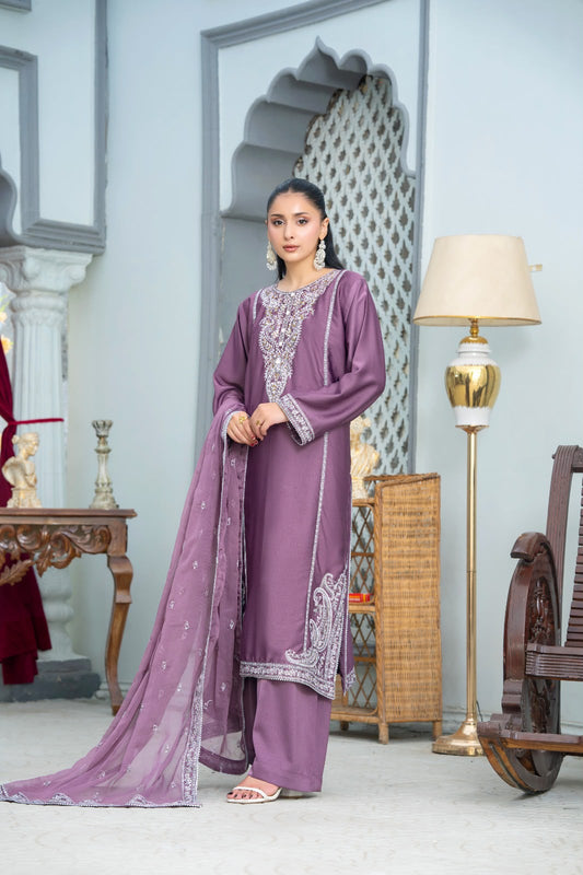 Royal Mauve Embroidered Fancy Silk 3-Piece Stitched Suit