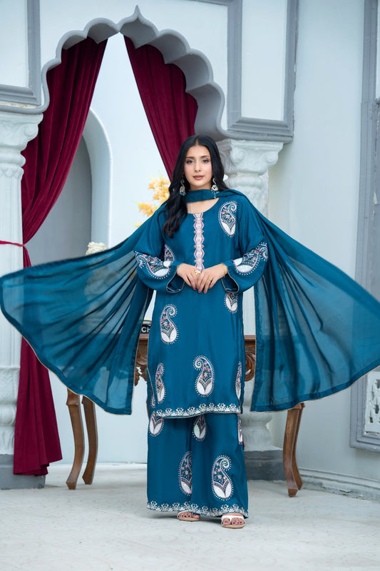 Teal Blue Embroidered Fancy Silk 3-Piece Stitched Suit