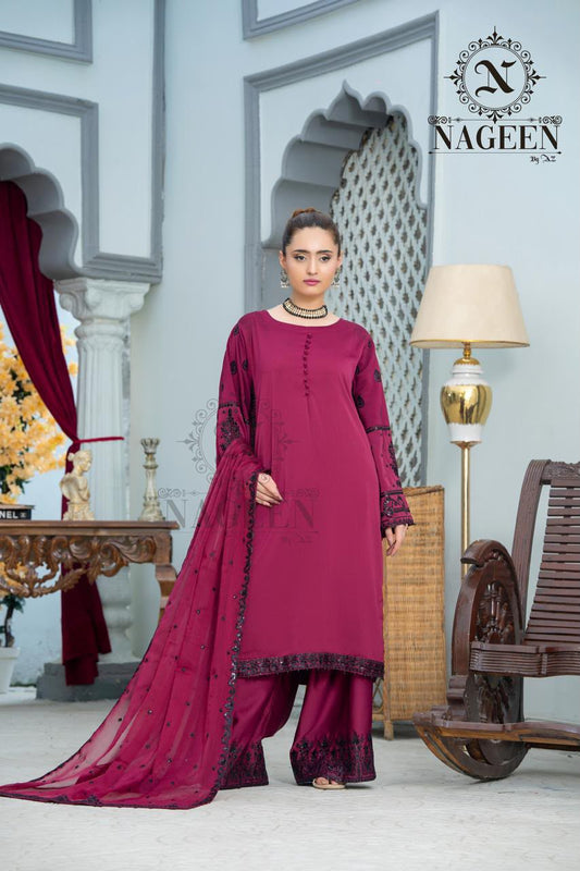 Deep Magenta Silk Stitched 3-Piece Wide-leg Trouser Suit With Black Embroidery
