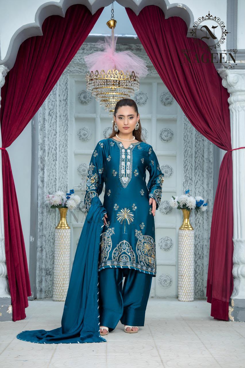 Teal Blue Embroidered Silk 3-Piece Stitched Suit with Farshi Shalwar