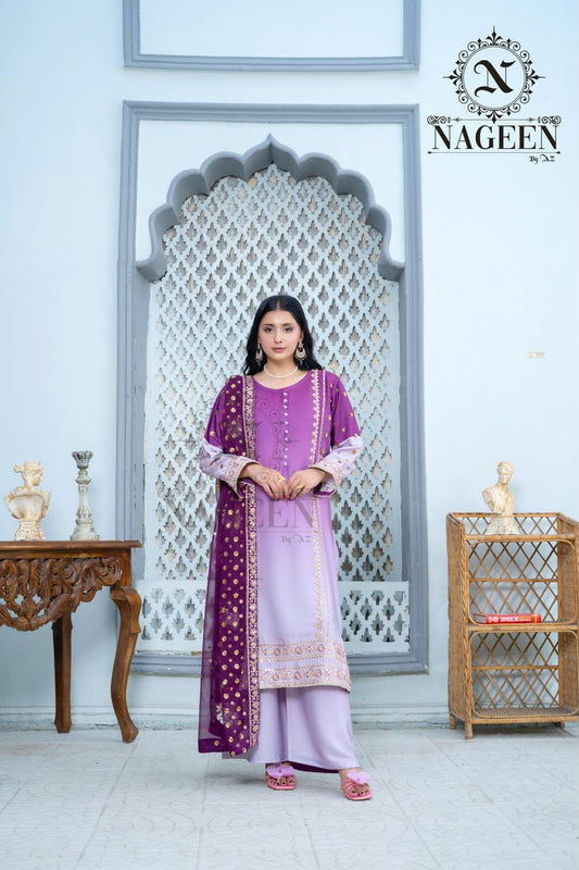 Lilac & Plum Ombre Silk 3-Piece Stitched Suit