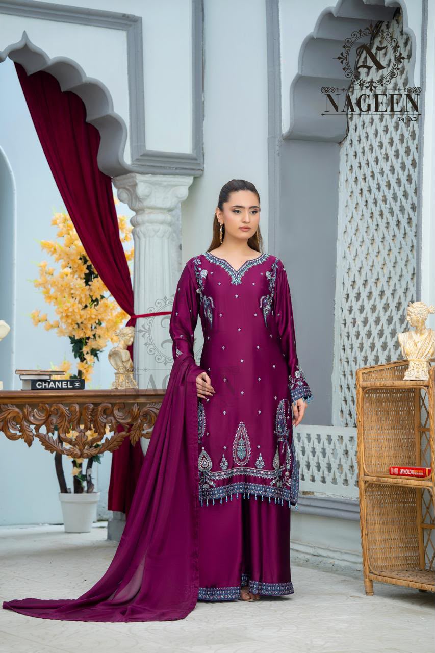 Deep Plum Raw Silk Embroidered 3-Piece Stitched Suit