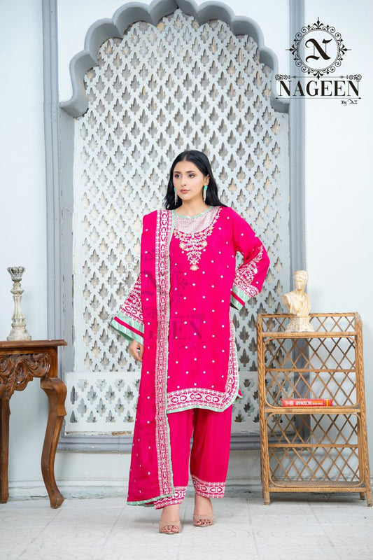 Vibrant Magenta Embroidered 3-Piece Stitched Suit with Mint Accent Borders
