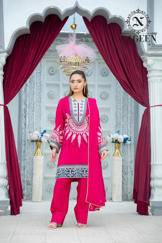 Deep Pink Fancy Silk Embroidered 3-Piece Stitched Suit with Contrast Neck Motif