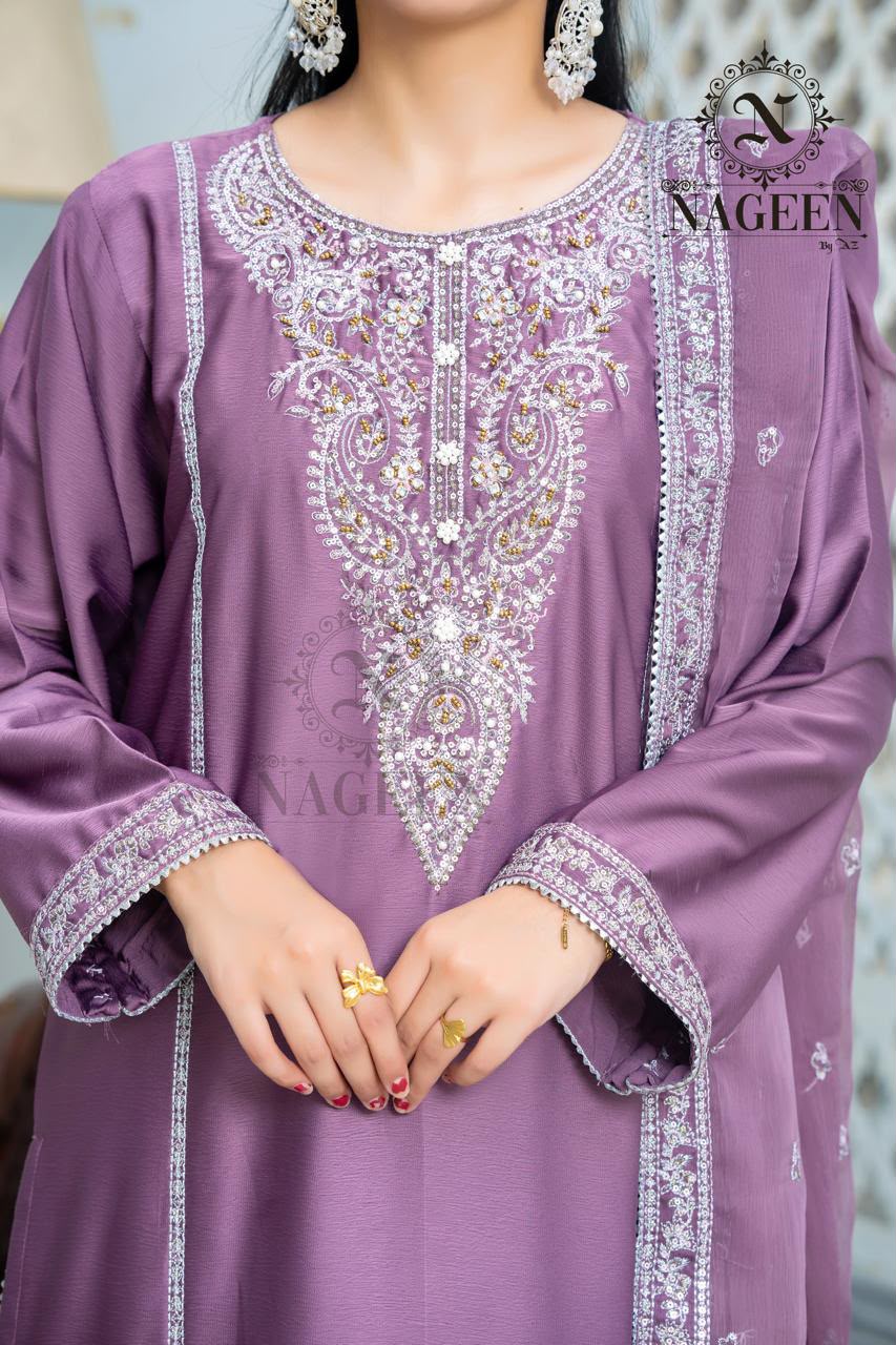 Royal Mauve Embroidered Fancy Silk 3-Piece Stitched Suit