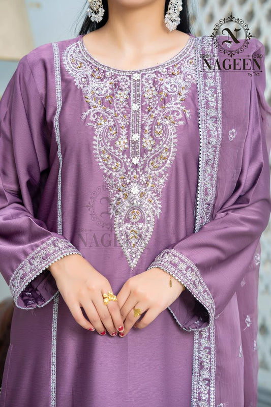 Royal Mauve Embroidered Fancy Silk 3-Piece Stitched Suit