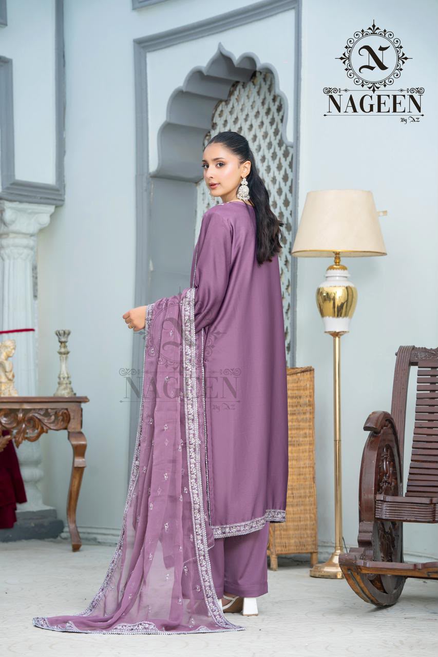 Royal Mauve Embroidered Fancy Silk 3-Piece Stitched Suit