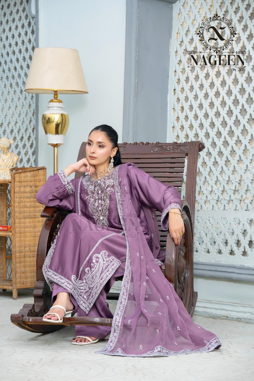 Royal Mauve Embroidered Fancy Silk 3-Piece Stitched Suit