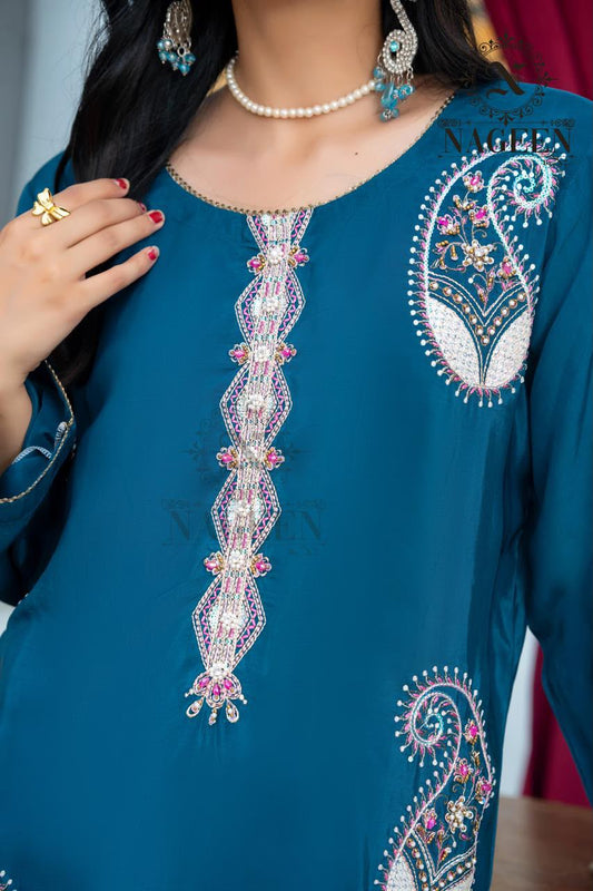 Teal Blue Embroidered Fancy Silk 3-Piece Stitched Suit