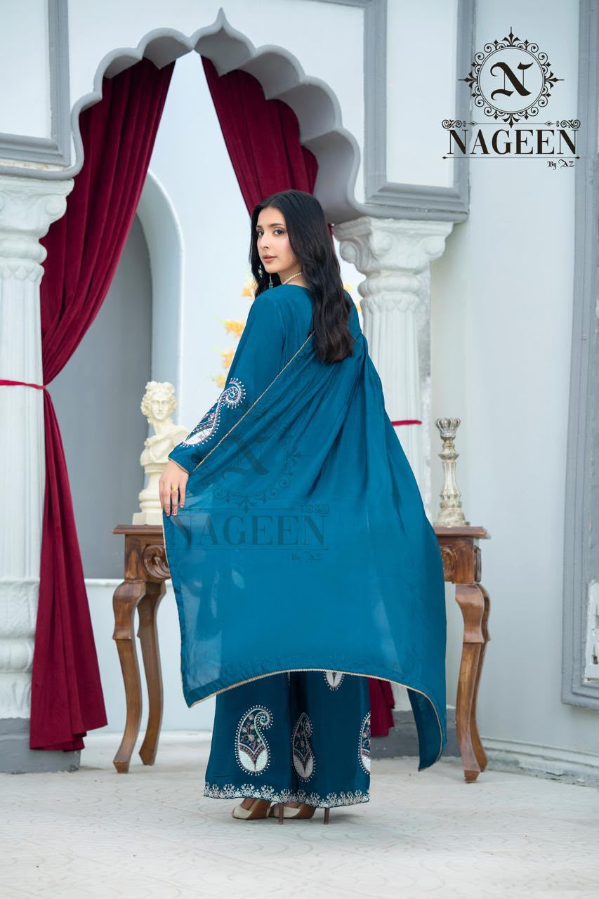 Teal Blue Embroidered Fancy Silk 3-Piece Stitched Suit