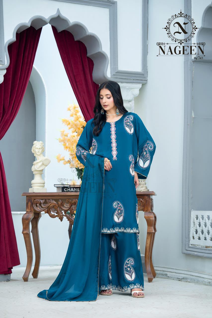 Teal Blue Embroidered Fancy Silk 3-Piece Stitched Suit