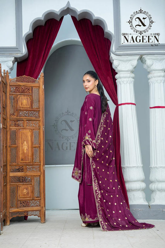 Deep Plum Embroidered Silk 3-Piece Stitched Suit
