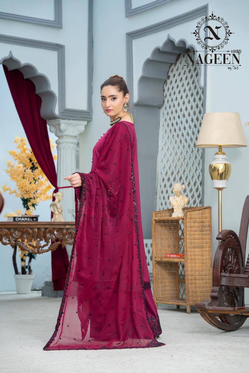 Deep Magenta Silk Stitched 3-Piece Wide-leg Trouser Suit With Black Embroidery