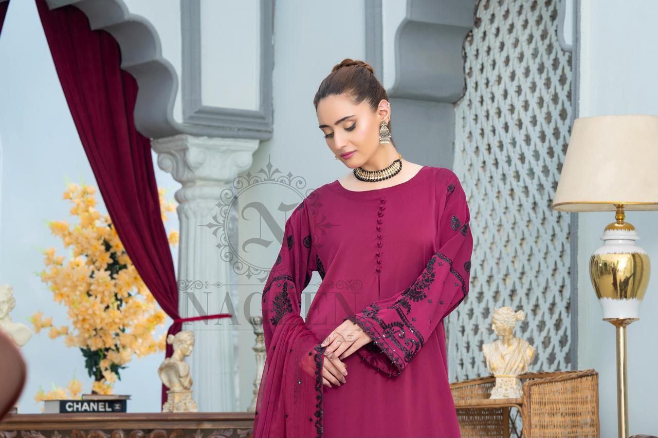 Deep Magenta Silk Stitched 3-Piece Wide-leg Trouser Suit With Black Embroidery