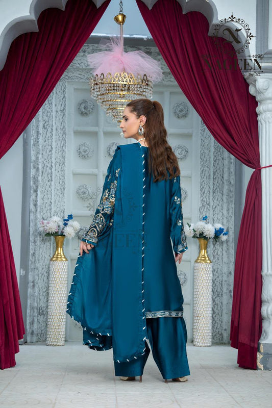 Teal Blue Embroidered Silk 3-Piece Stitched Suit with Farshi Shalwar
