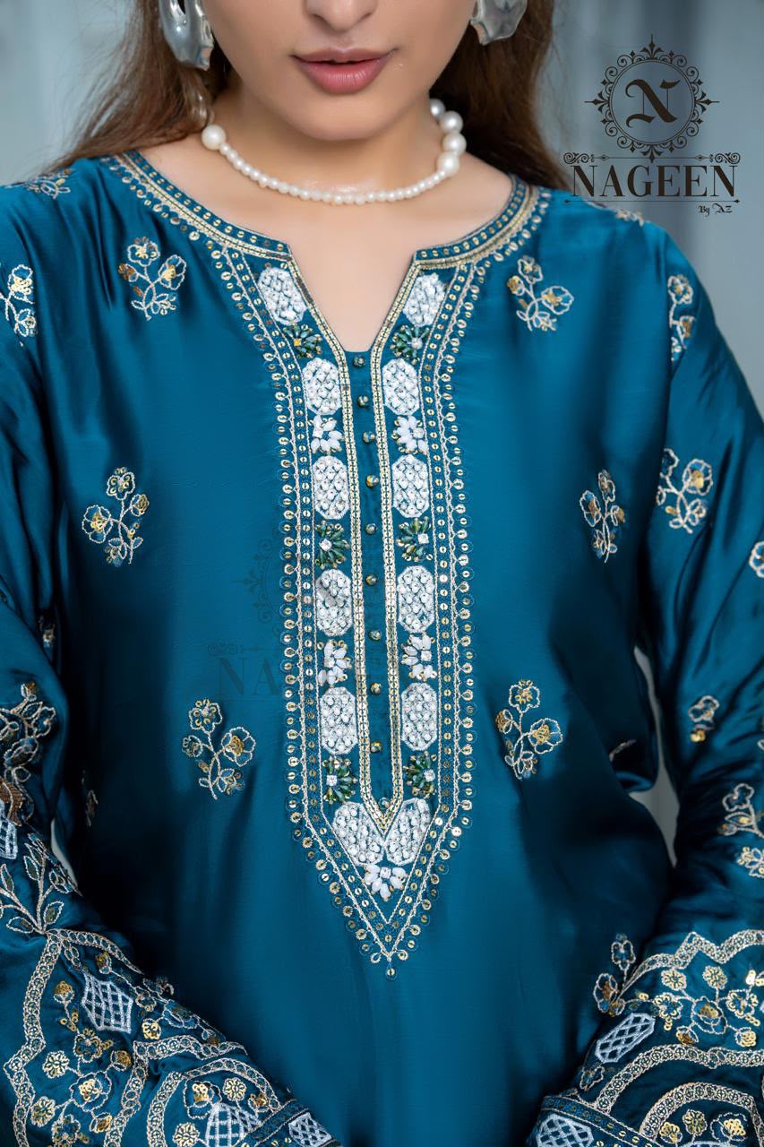 Teal Blue Embroidered Silk 3-Piece Stitched Suit with Farshi Shalwar