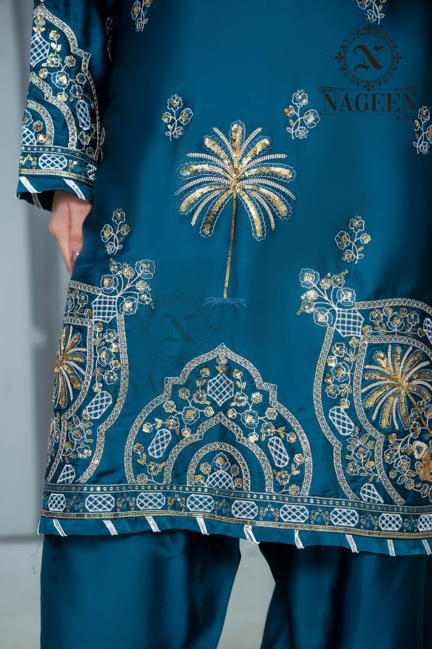Teal Blue Embroidered Silk 3-Piece Stitched Suit with Farshi Shalwar