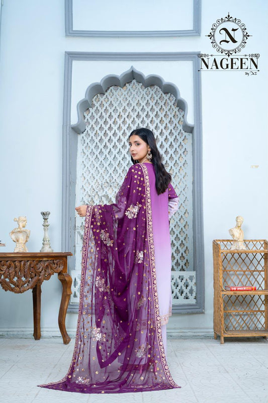 Lilac & Plum Ombre Silk 3-Piece Stitched Suit