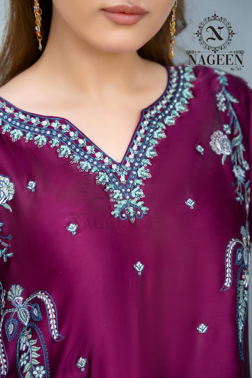 Deep Plum Raw Silk Embroidered 3-Piece Stitched Suit