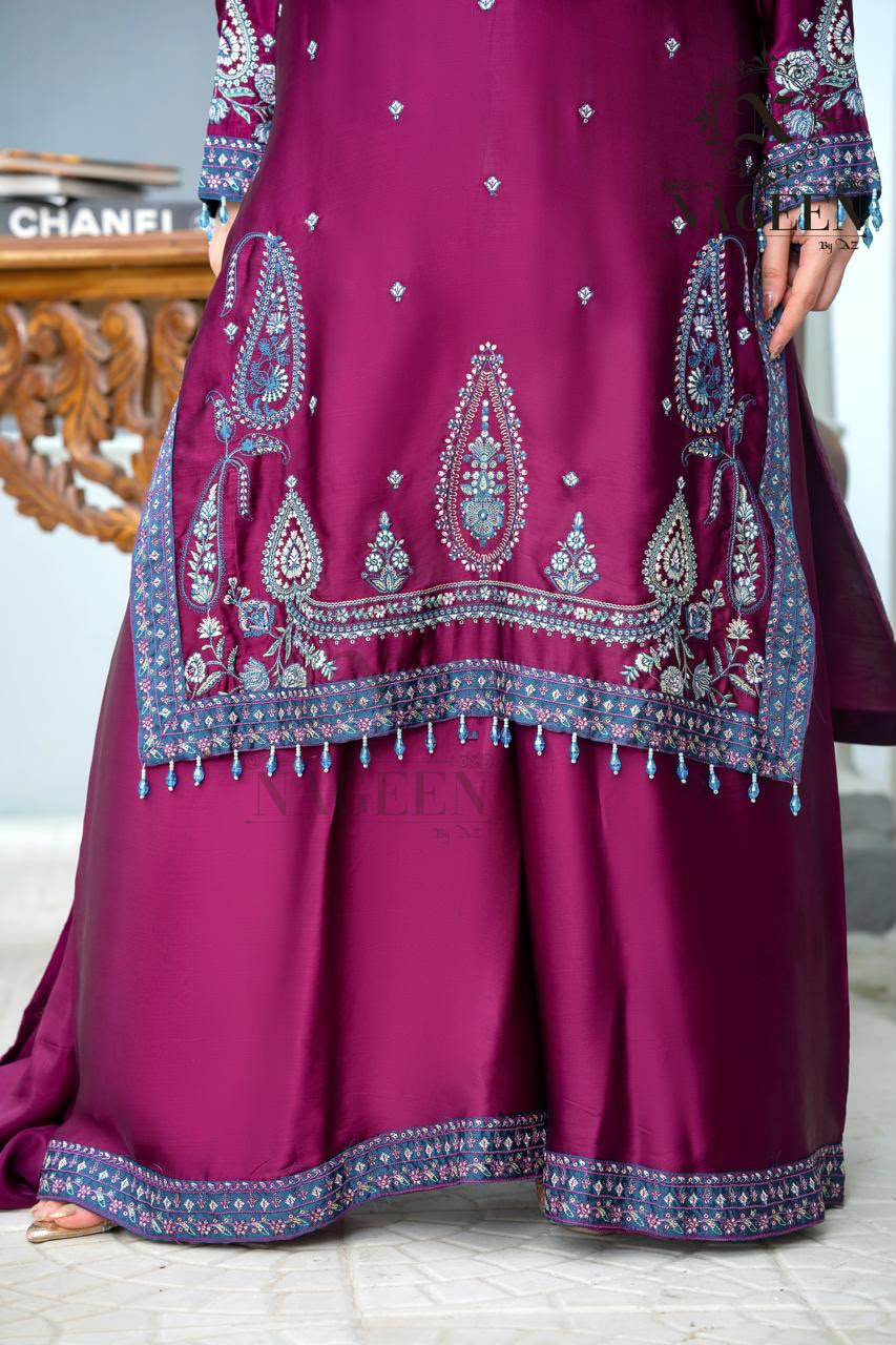 Deep Plum Raw Silk Embroidered 3-Piece Stitched Suit