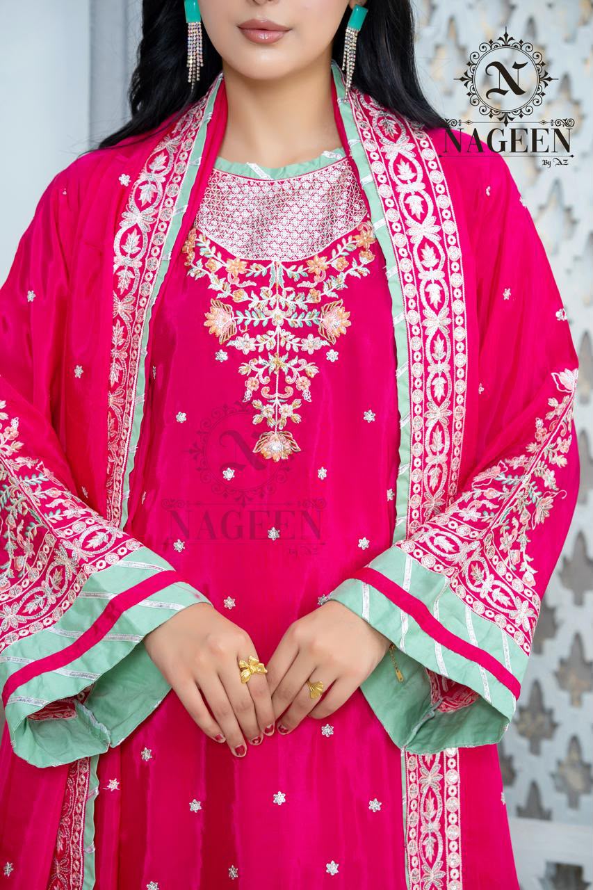 Vibrant Magenta Embroidered 3-Piece Stitched Suit with Mint Accent Borders