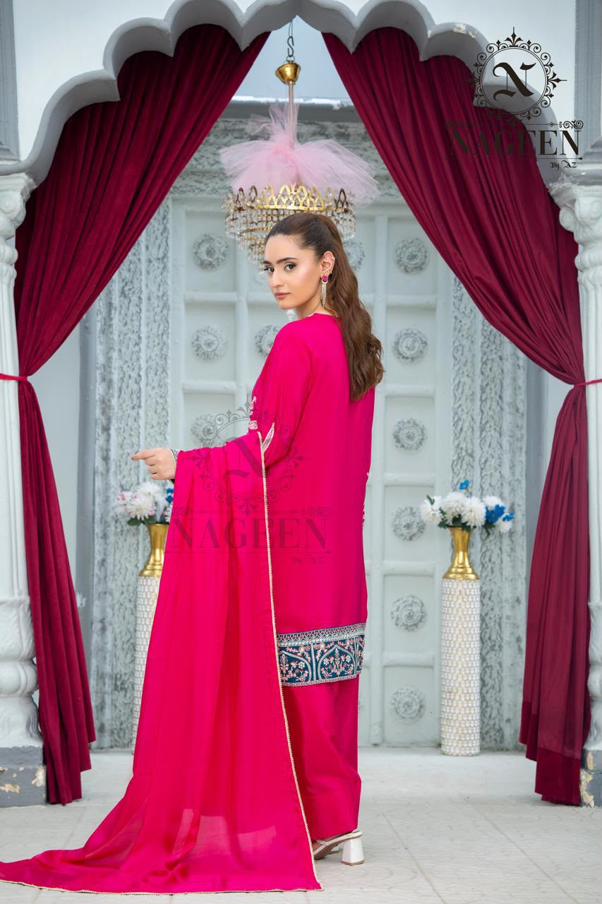 Deep Pink Fancy Silk Embroidered 3-Piece Stitched Suit with Contrast Neck Motif