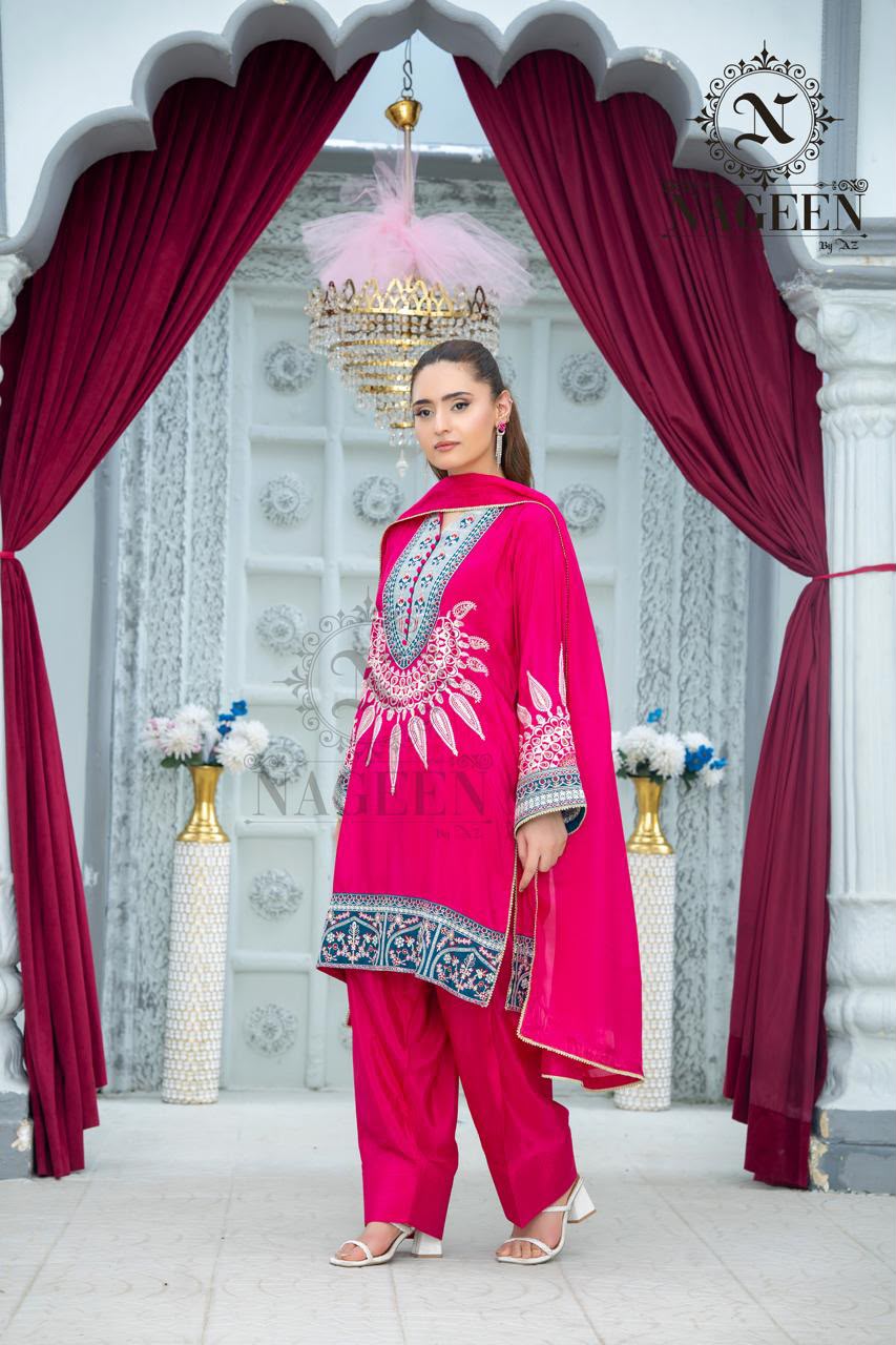 Deep Pink Fancy Silk Embroidered 3-Piece Stitched Suit with Contrast Neck Motif